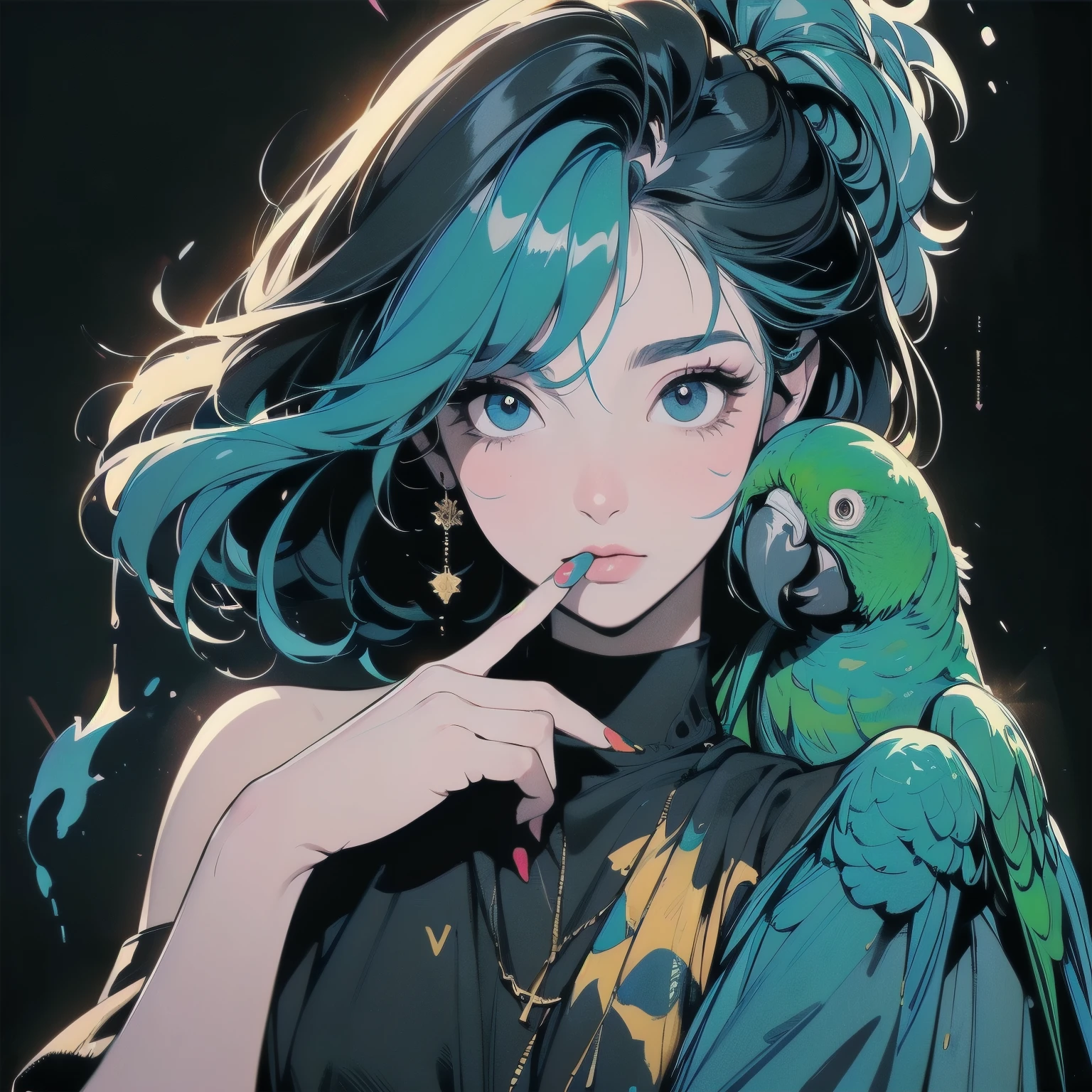 (((Beautiful bird with One Woman))), (((A very large parrot on your shoulder))), wonderful, Very detailedな face and eyes, Dripping Paint, (((Perfect bird))), Complex, wonderful, wonderful, Gold leaf trim, magic, Masterpiece Painting, Very detailedな, Fascinating, Fascinatingな, intense, Scattered Light, Built using the Golden Ratio, Awards, Perfect composition, Ultra HD, 8K, Realistic, Very detailed, One Woman, ((Place your index finger over your mouth))),(((Perfect Fingers)),(((Perfect hands)), Black background, (((Splattering colorful paint))),pale blue hair