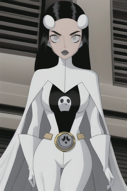 Phantom girl, Tinya Wazzo, solo, girl1, long black hair, white bodysuit, grey eyes, grey lips, belt, white cape, white gloves, city