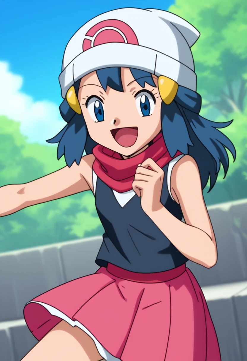 score_9, score_8_up, score_7_up, source anime, anime, animification, anime screencap, anime coloring, vivid colors, shiny skin, skindentation, deep skin, depth of field, high quality, highres, (dynamic angle,dynamic pose), dawncheerxl, 1girl, solo, long hair, looking at viewer, smile, open mouth, blue eyes,beanie, black sleeveless shirt, pink scarf, pink skirt, pink boots,outdoors, hair ornament, sky, holding, blue hair, :d, sidelocks, tongue, socks, hairclip, eyelashes , dawn \(pokemon\) BREAK masterpiece,high quality
