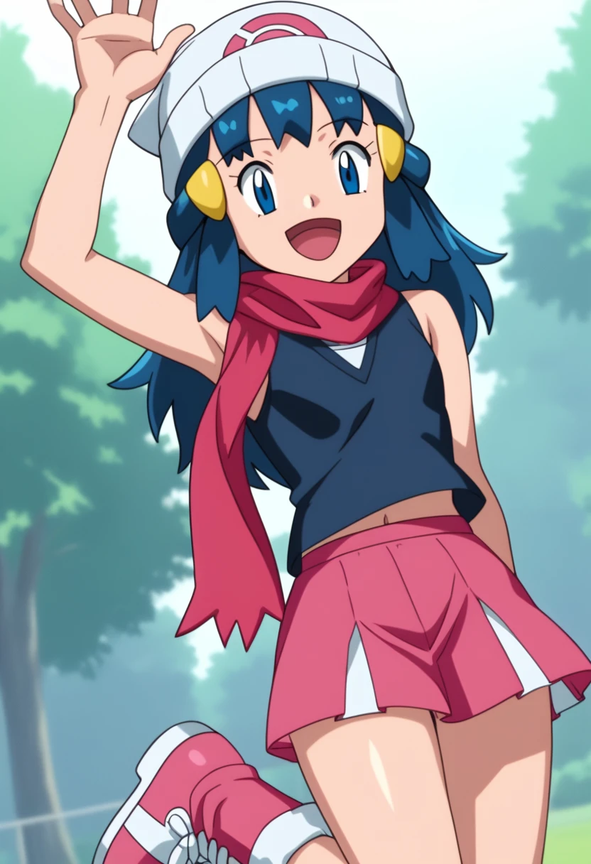 score_9, score_8_up, score_7_up, source anime, anime, animification, anime screencap, anime coloring, vivid colors, shiny skin, skindentation, deep skin, depth of field, high quality, highres, (dynamic angle,dynamic pose), dawncheerxl, 1girl, solo, long hair, looking at viewer, smile, open mouth, blue eyes,beanie, black sleeveless shirt, pink scarf, pink skirt, pink boots,outdoors, hair ornament, sky, holding, blue hair, :d, sidelocks, tongue, socks, hairclip, eyelashes , dawn \(pokemon\) BREAK masterpiece,high quality