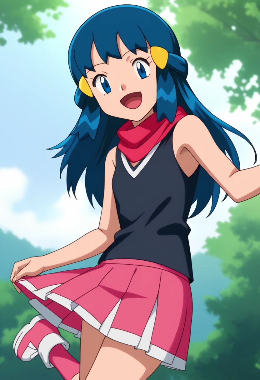 score_9, score_8_up, score_7_up, source anime, anime, animification, anime screencap, anime coloring, vivid colors, shiny skin, skindentation, deep skin, depth of field, high quality, highres, (dynamic angle,dynamic pose), dawncheerxl, 1girl, solo, long hair, looking at viewer, smile, open mouth, blue eyes,beanie, black sleeveless shirt, pink scarf, pink skirt, pink boots,outdoors, hair ornament, sky, holding, blue hair, :d, sidelocks, tongue, socks, hairclip, eyelashes , dawn \(pokemon\) BREAK masterpiece,high quality