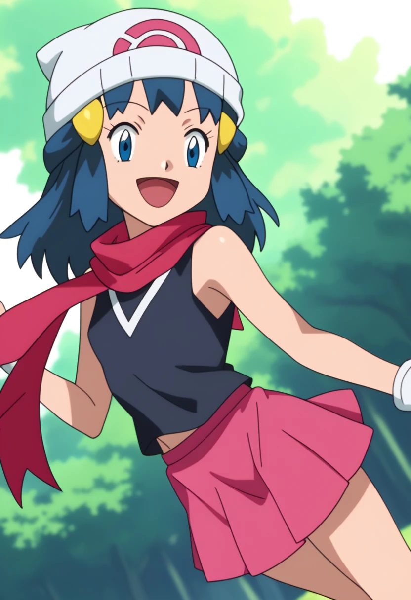 score_9, score_8_up, score_7_up, source anime, anime, animification, anime screencap, anime coloring, vivid colors, shiny skin, skindentation, deep skin, depth of field, high quality, highres, (dynamic angle,dynamic pose), dawncheerxl, 1girl, solo, long hair, looking at viewer, smile, open mouth, blue eyes,beanie, black sleeveless shirt, pink scarf, pink skirt, pink boots,outdoors, hair ornament, sky, holding, blue hair, :d, sidelocks, tongue, socks, hairclip, eyelashes , dawn \(pokemon\) BREAK masterpiece,high quality