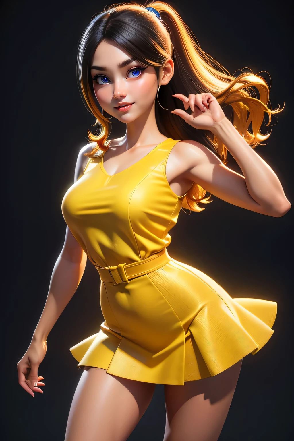 A hyper realistic carricature ,photorealism,of a indonesian skinny woman.with medium wave hairs,sexy pose,standing.wearing yellow casual dress ,light smile, high detail,3d render,high definition, medium body shot