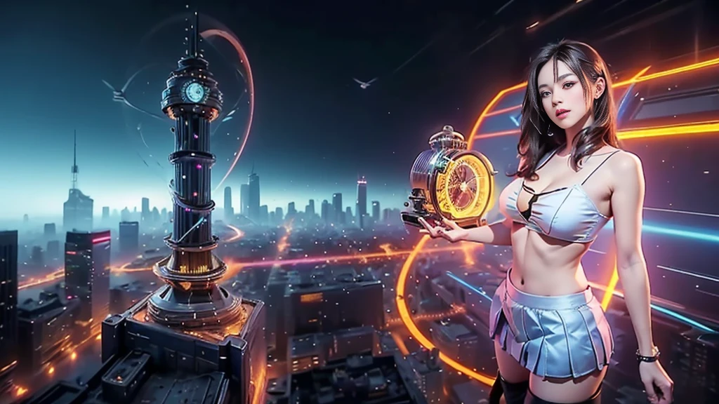 At night, (((aerial view of futuristic sci-fi cyberpunk city, skyscrapers, (((flying cars))), (vortex-spirit-spreading giant hologram (((clock tower))) as time machine), high quality))). Matrix style, (1girl, solo), photo realistic, (((large-breast:1.2 slim body, cleavage:1.3, perfect face, tube top, short pleated (((miniskirt)))))), (((((matrix style black (sunglasses), aiming at viewer with a (mini rifle):0.3))))), (((dynamic pose, half-body (thigh level) medium shot))), cinematic lighting.