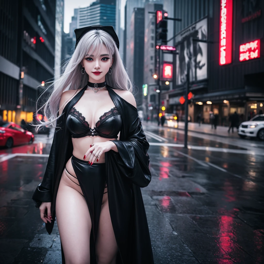 Alone woman Silver hair color Scarlet Eyes Smile elegant choker Earrings Gothic Lolita(black) nail Grim Reaper Detailed Background masterpiece Curvy body Accurate human body Accurate 5-finger High contrast 4K Exquisite lighting and shadows Cinema Lens Effects Vibrant colors Cyberpunk City Wet day