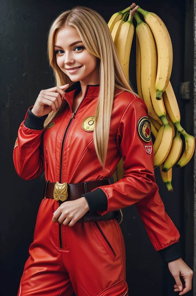 - Female monkey
- Long blonde hair
- Sweet, expressive face
- Large eyes with long eyelashes
- Fitted red flight suit
- Decorative badges and belt
- Holding a banana in one hand
- Holding a small pistol in the other hand
- Confident and erotic pose
- Friendly smile
- Simple background