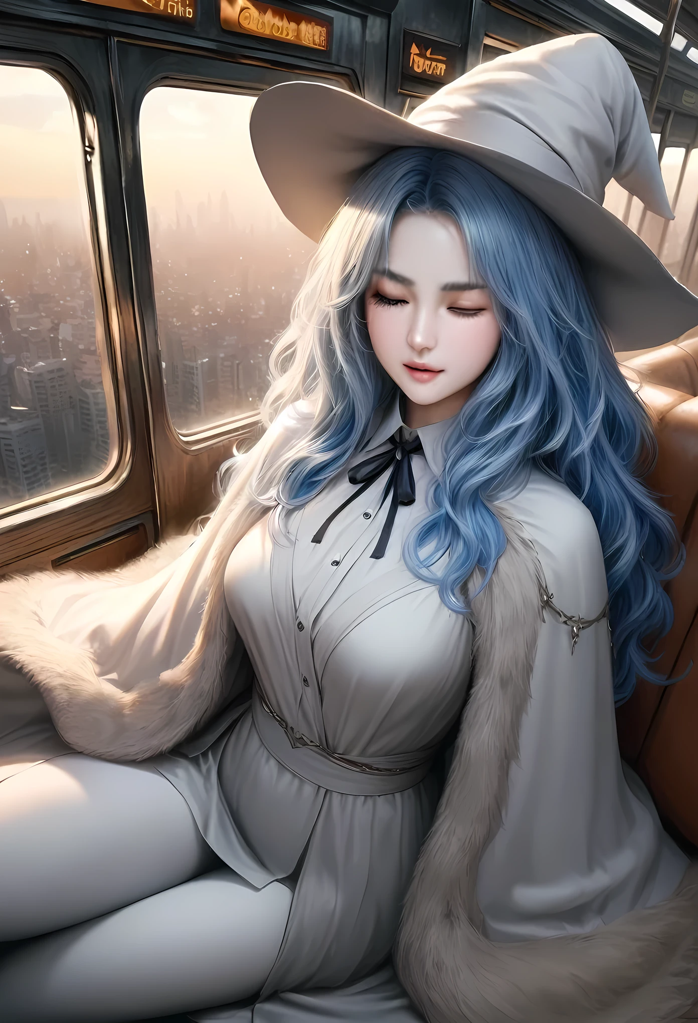 animetoreal,soft light, masterpiece, best quality, realistic,photorealistic,1girl,,ranni_the_witch, elden_ring, blue_eyes, blue_hair, blue_skin, colored_skin, (4arms:1.2), doll_joints, medium_hair, wavy_hair, white_hat, witch_hat, white_nails, fur_cloak, grey_cloak, robe, white_robe, wide_sleeves, neck_ribbon, ribbon, jewelry, ring,on a bench in a train,the sun set, city landscape over the window,,one eye closed,wink,floating_clothes,from above