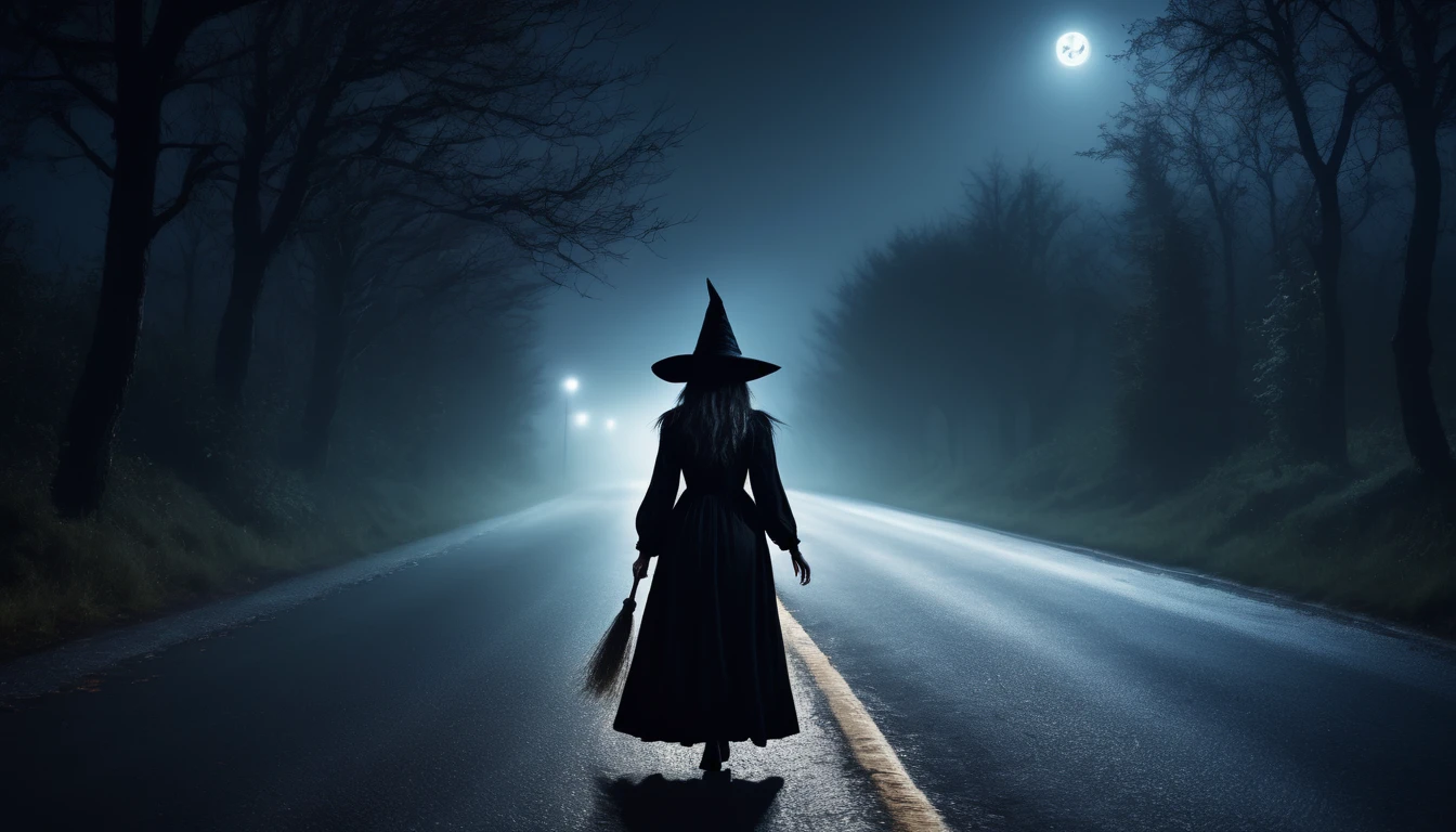 A scary horror image of a witch on the road at night, PICTURE REALISTIC, high resolution, 8K 