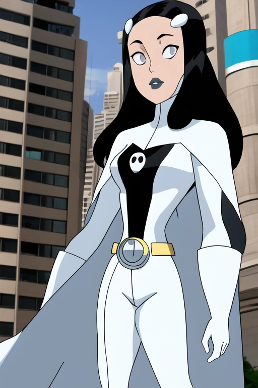 
Phantom girl, Tinya Wazzo, solo, girl1, long black hair, white bodysuit, grey eyes, grey lips, belt, white cape, white gloves, city