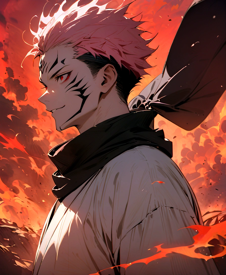 (masterpiece:1.3),(Highest quality:1.4),(Very detailedな:1.5),High resolution,Very detailed,8K,(1 male,sukuna ryoumen,JUJUTSU KAİSEN,Pink Hair)Double-sided Sukuna,(The costume is a white kimono、Black scarf)Laugh fearlessly、Red eyes、(The background is inspired by a fiery hell.)
