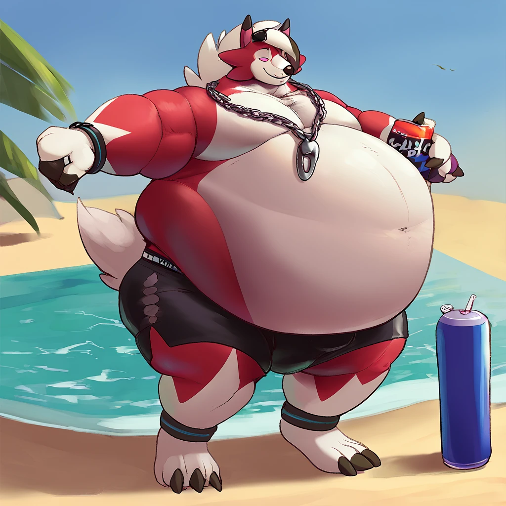 score_9_up, solo, male Lycanroc, anthro, male, pokemon, pokemon \(species\), generation 1 pokemon, sunglasses on head, chain necklace, bracelet, shirtless, swim shorts, smiling, holding soda can, beach, inflated arms, inflated legs, hyper inflation, blimpbelly