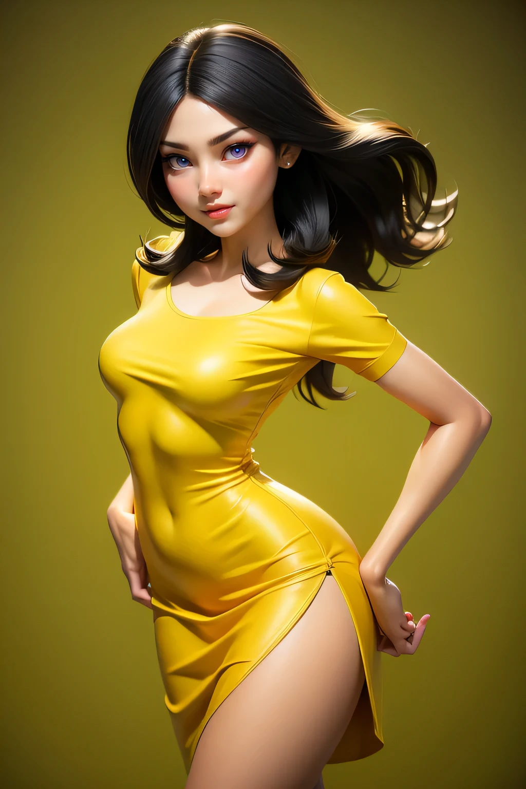 A hyper realistic carricature ,photorealism,of a indonesian skinny woman.with medium wave hairs,sexy pose,standing.wearing sexy yellow casual dress ,light smile, medium body shot