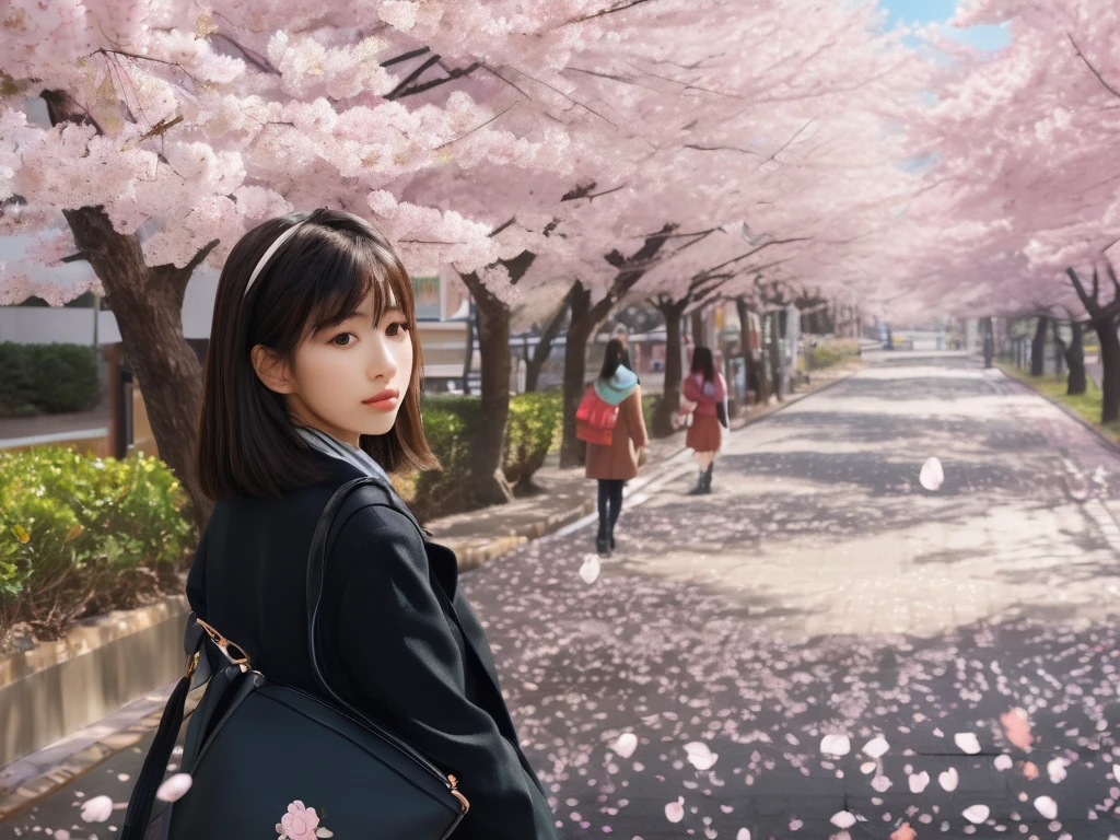 there is a woman standing on a sidewalk with a bag, sakura petals around her, sakura season, portrait of a japanese teen, under sakura tree, cherry blossoms in the wind, realistic, sakura tree in background, cherry blossom falling, sakura season dynamic lighting, cherry blossoms, beautiful high school girl, beautiful girl