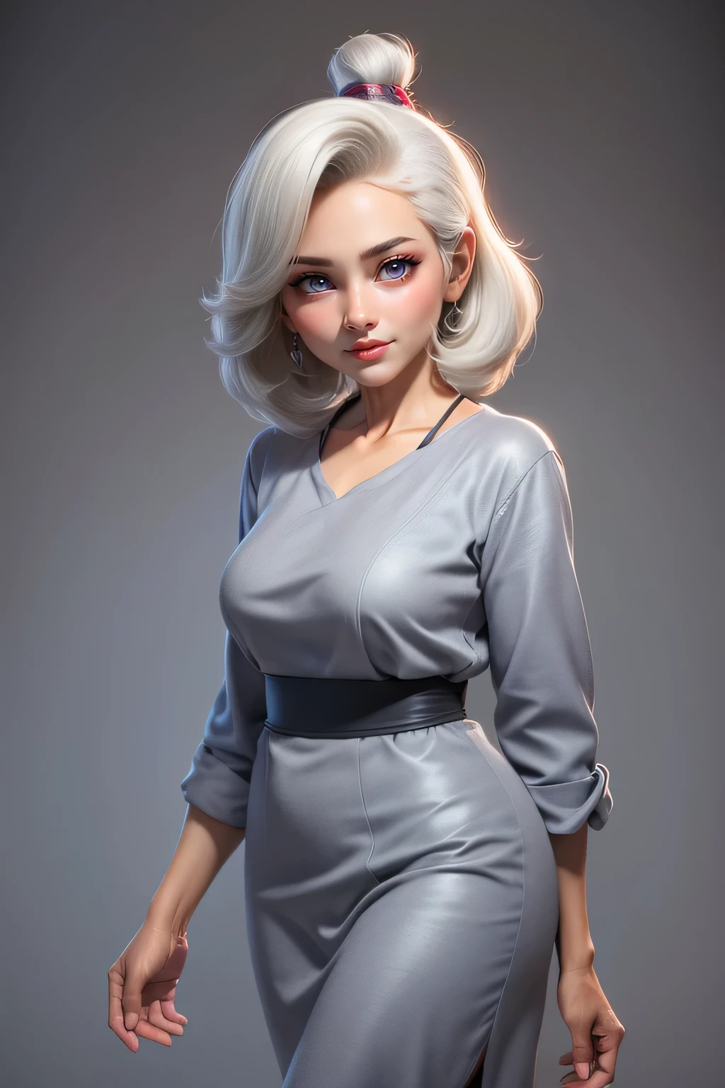 A hyper realistic carricature ,photorealism,of a indonesian old woman 50 yo.with medium wave hairs,sexy pose,standing.wearing sexy grey casual dress ,light smile, medium body shot