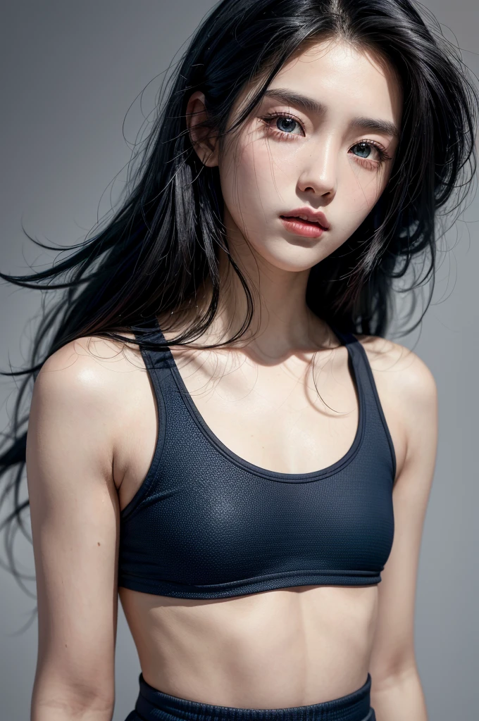 20-year-old woman, Black-haired, high contrast (Natural skin texture, Hyperrealism, Soft Ligh, sharp), high resolution, blue sport wear, standing pose