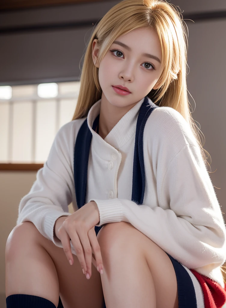 ((Blonde、himiko toga、White uniform shirt、Navy blue uniform skirt、cardigan、Red scarf、Dark eyeshadow、Dark eyeliner、Patsun、Twin tails、Bunhead、Thin eyebrows、Black socks、))、Browsing Caution、masterpiece、最high quality、high quality、grow、Beautiful poop、High resolution、非常にHigh resolution、RAW Photos、Best illustrations、hyper Realistic、One girl、Realistic、Ultra-detailed、Photorealistic、Unbelievably absurd、Close-up、Floating Hair、Soft Light、Cinema Lighting、Film Grain、Full Body Lesbian、Depth of written boundary、Blurred Background、ボケ Depth of written boundary:1.4、Eyes focus、85mm lens、Professional Lighting、Lens flare、Luminous Particles:0.6、Professional Writing、Portrait:0.6、Photon Mapping、Radio City、Physically Based Rendering、Japanese girl、sexual excitement:1.5、A vivid face、Realistic body、Realistic Skin、Big Breasts:1.3、Stylish、Camel Toe、Fair skin:1.1、cute:1.5