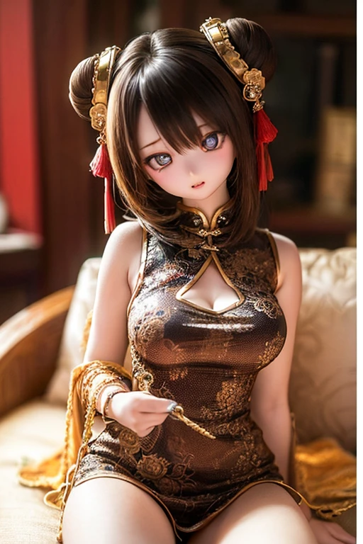 (SFW:2), photorealistic, realistic photo, 8k, ((highest quality)), ((masterpiece)), (extremely detailed), kukolnydom, doll, (mature woman, 20yo, 20 years old:1.6), solo, ((cowboy shot, sitting on sofa, reclining on sofa, looking down)), parted lips, green eyes, brown hair, double buns, (plastic skin, looking at another, glass eyes, shining eyes, detailed eyes, detailed face:1.3), china dress, qipao, chinese room