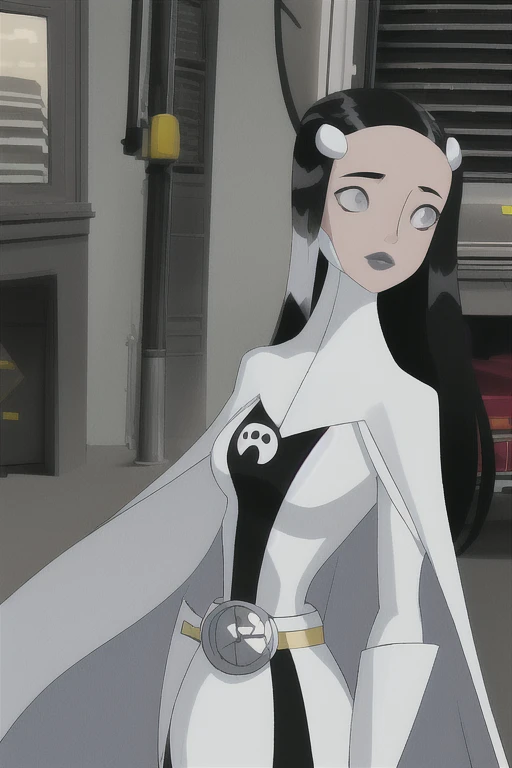 Phantom girl, Tinya Wazzo, solo, girl1, long black hair, white bodysuit, grey eyes, grey lips, belt, white cape, white gloves, city