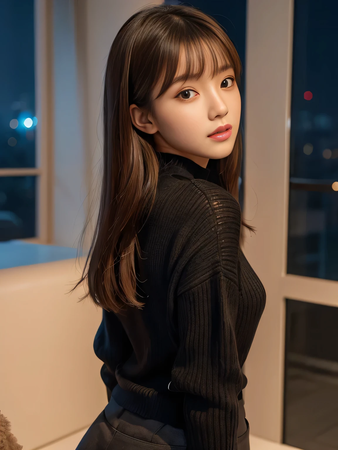 masterpiece, 1 beautiful girl, detailed eye, Puffy eyes, top-quality, high resolution, (Realisticity: 1.4), cinematlic lighting, Asian Beauty, Korea idol, Super beauty, Beautiful skin, slender, (A hyper-realistic), (hight resolution), (8K), (ighly detailed), (beautifully detailed eyes), (ultra-detailliert), (wall), detailed face, Bright lighting, profetional lighting, looking at viewert, Facing straight ahead, Black knitwear, oblique bangs, nighttime scene, Brown hair, age19, tall,
