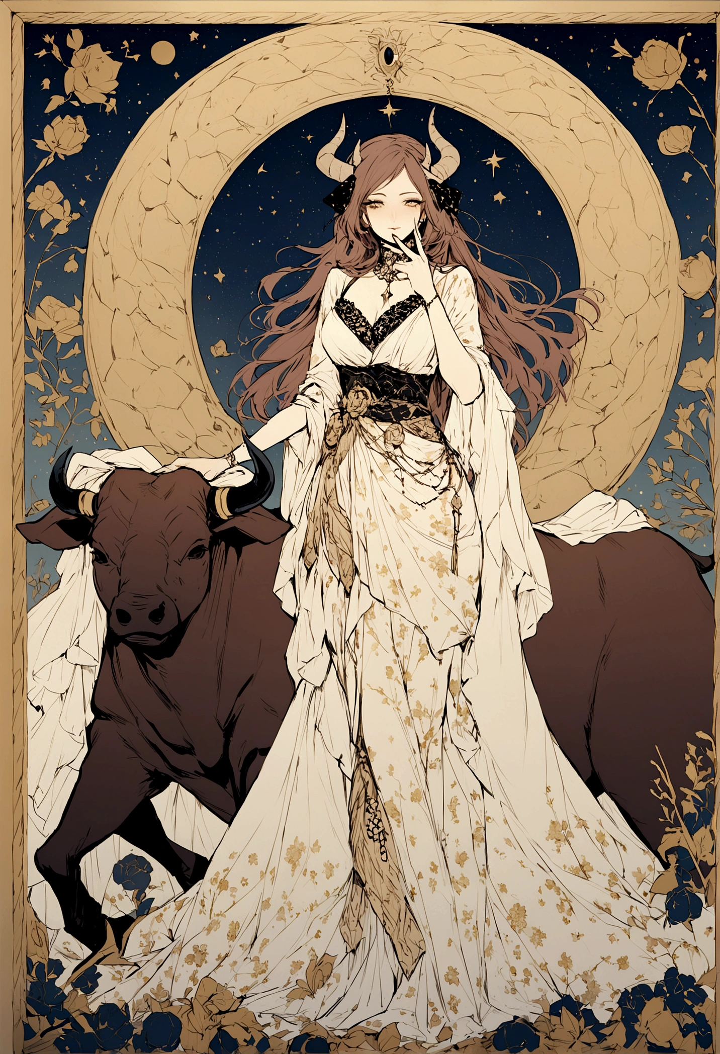 Please, create an image that represents a Scorpio woman dedicating a passionate song to a Taurus man. The Scorpio woman must be emotional and passionate, with an air of mystery and intensity, hornless. The Taurus man should appear calm, stable and slightly distant, appreciating the gesture but without showing too much interest. Includes symbols of the zodiac signs of Scorpio (the Scorpion) and Taurus (The bull), with intense colors and a deep romantic atmosphere. Make sure Taurus doesn't seem too emotionally involved and Scorpio doesn't have horns.