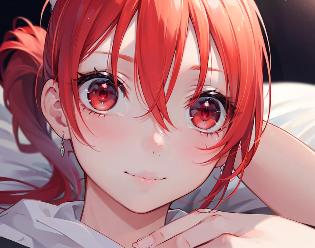 (Close-up:1.3),Realistic,Highest quality, Ultra Detail, High-quality CG rendering, The most delicate and beautiful, Floating softly, High resolution, (1 girl), (Highest quality,4K,8K,masterpiece:1.2),(All red hair:1.5 (ponytail:1.5),(Red eyes:1.5),(Slightly larger breasts:1.2),Completely naked,Small room,bed,(bedに座っている:1.3),smile