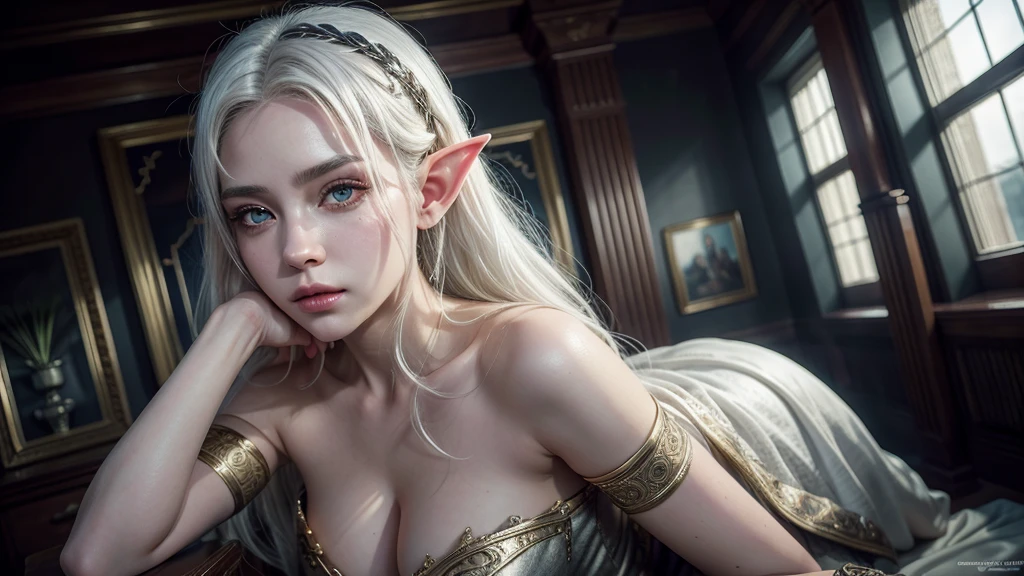 Elf woman, white hair, white eyes best quality, Masterpiece, cinematic lighting, intricate, cinematic detailed Realista background, detailed face, whole body.