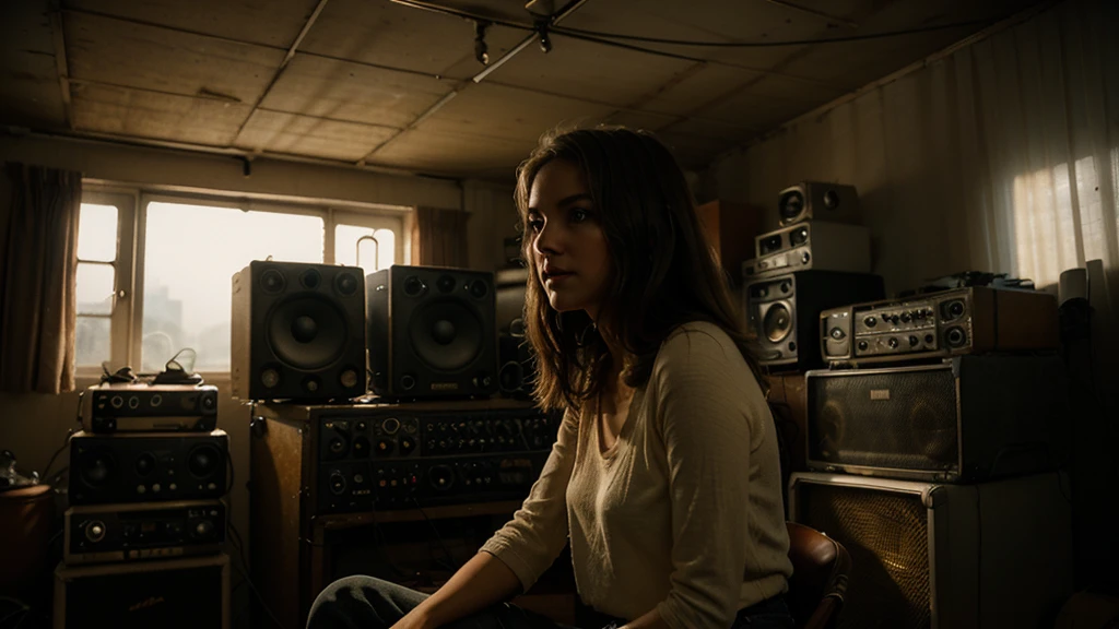 grainy old realistic photo of a beautiful female singer sitting in a crowded messy dusty, cozy audio studio with vintage amps, synts, old used speakers, wires, microphones, audio equipment, in 1973, posters on the wall, paper notes on the floor, extreme high quality, volumetric lighting, light rays shining trough the windows, cinematic lighting, backlights, crimson sunset, depth of field, retro, low angle shot, perspective, ambient occlusion, misty, old, warm, intimate, perfect anatomy, symetric face, 70's fashion by Chris Burkard, Vietnam flags 