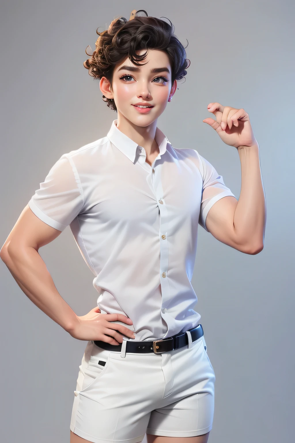 1  man (25yo) , , sexy pose, naugthy face, , curly hairstyle, , seductive smile, white shirt, short pants, gray background