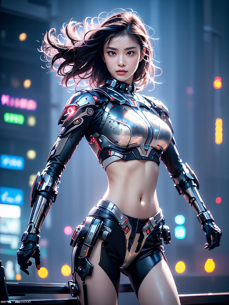 realistic photo, raw photo thin waist, crop top navel, crop breasts, small breasts, small ass, skinny thighs, detailed face, detailed eyes. In the neon-lit night city, standing on the rooftop of a high-rise building, around 18 years old, with platinum medium-length straight hair swaying in the wind. Rendered in a realistic cyberpunk style, she was wearing a power suit rich with mechanical details. The power suit was designed with advanced technology, featuring intricate mechanical parts on her arms and legs, and a glowing emblem on her chest. Her pose was active and ready for combat, one hand thrust forward, and the other hand clenched into a fist. Her expression was filled with determination, and her eyes, staring straight ahead, radiated a strong sense of resolve. In the distant sky, drones were flying, and the entire city was bathed in a futuristic glow. The perspective was slightly elevated, looking down on her, emphasizing her strength and determination.