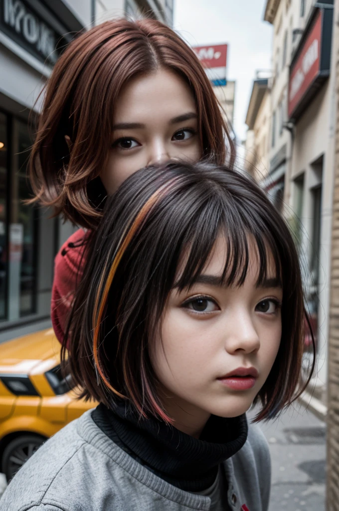muff, red hair, black hair, multicolored hair, short hair,