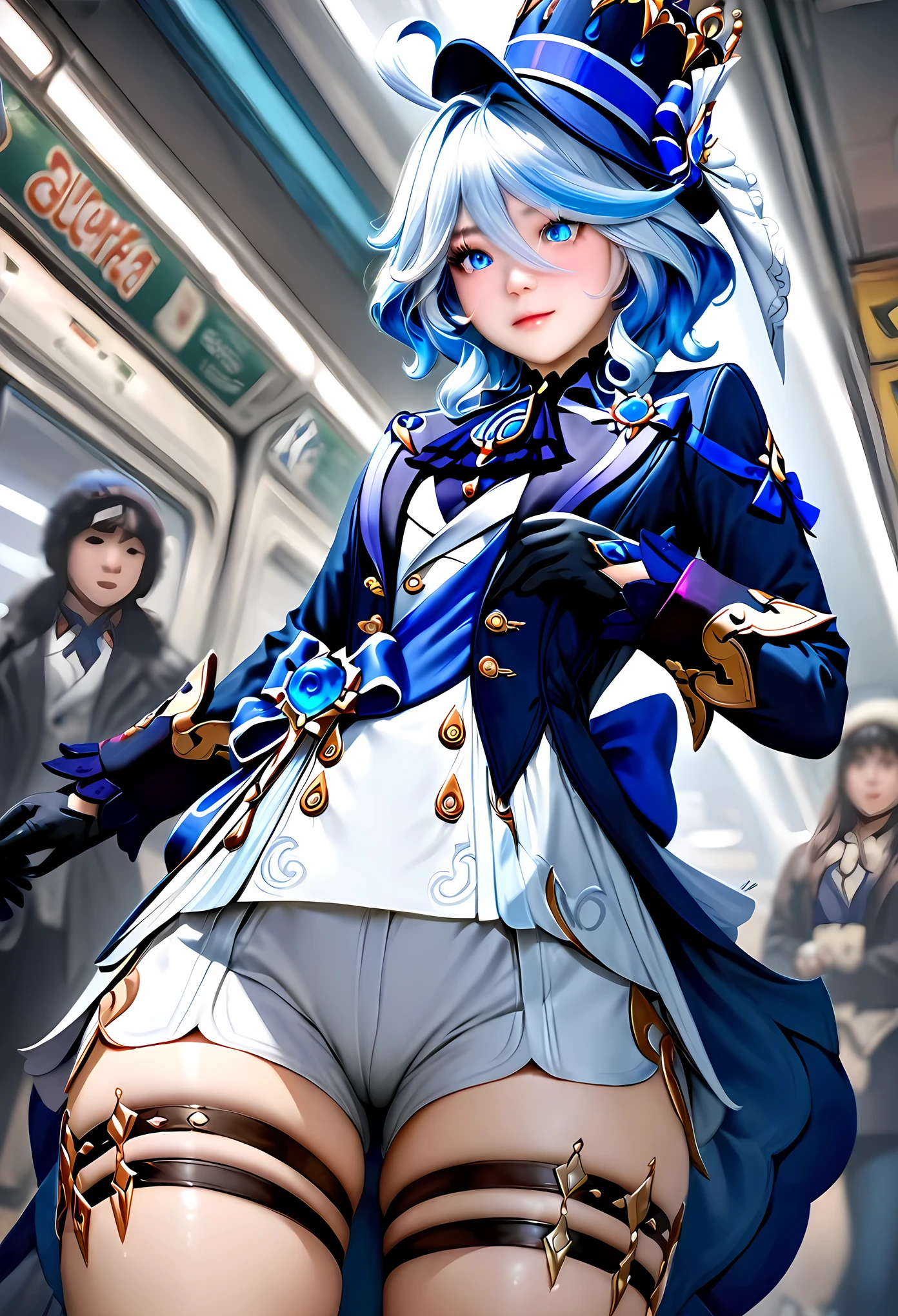 animetoreal,soft light, masterpiece, best quality, realistic,photorealistic,1girl,,furina(genshin impact), heterochromia,bule hair,blue eyes,hat,ascot,brooch,long sleeves, jacket,blue bow,gloves,white shorts, thigh strap,in subway,slit pupils,blur background,background defocus,from below