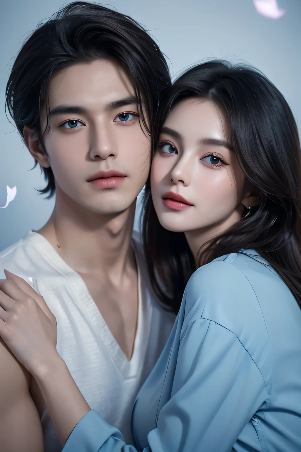 Modern. Casual wear. Elegant couple, masculie man (mature) and beautiful girl. Dark hair color. Very deatiled face. pretty eyes (perfect eyes). 8K resolution. Masterpiece. Romantic, love, glowing light. Look at the viewer. Blue petals. Pastel color.
