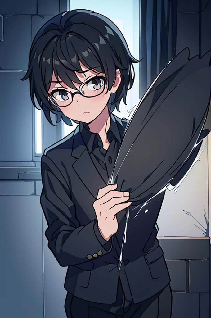a young man with short black hair, gray eyes, wearing glasses, a black fedora hat, a black suit and pants, holding a pocket clock, (best quality,4k,8k,highres,masterpiece:1.2),ultra-detailed,(realistic,photorealistic,photo-realistic:1.37),extremely detailed eyes and face,longeyelashes,high contrast,dramatic lighting,cinematic,portrait