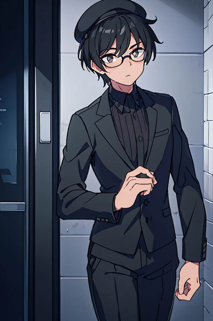 a young man with short black hair, gray eyes, wearing glasses, a black fedora hat, a black suit and pants, holding a pocket clock, (best quality,4k,8k,highres,masterpiece:1.2),ultra-detailed,(realistic,photorealistic,photo-realistic:1.37),extremely detailed eyes and face,longeyelashes,high contrast,dramatic lighting,cinematic,portrait