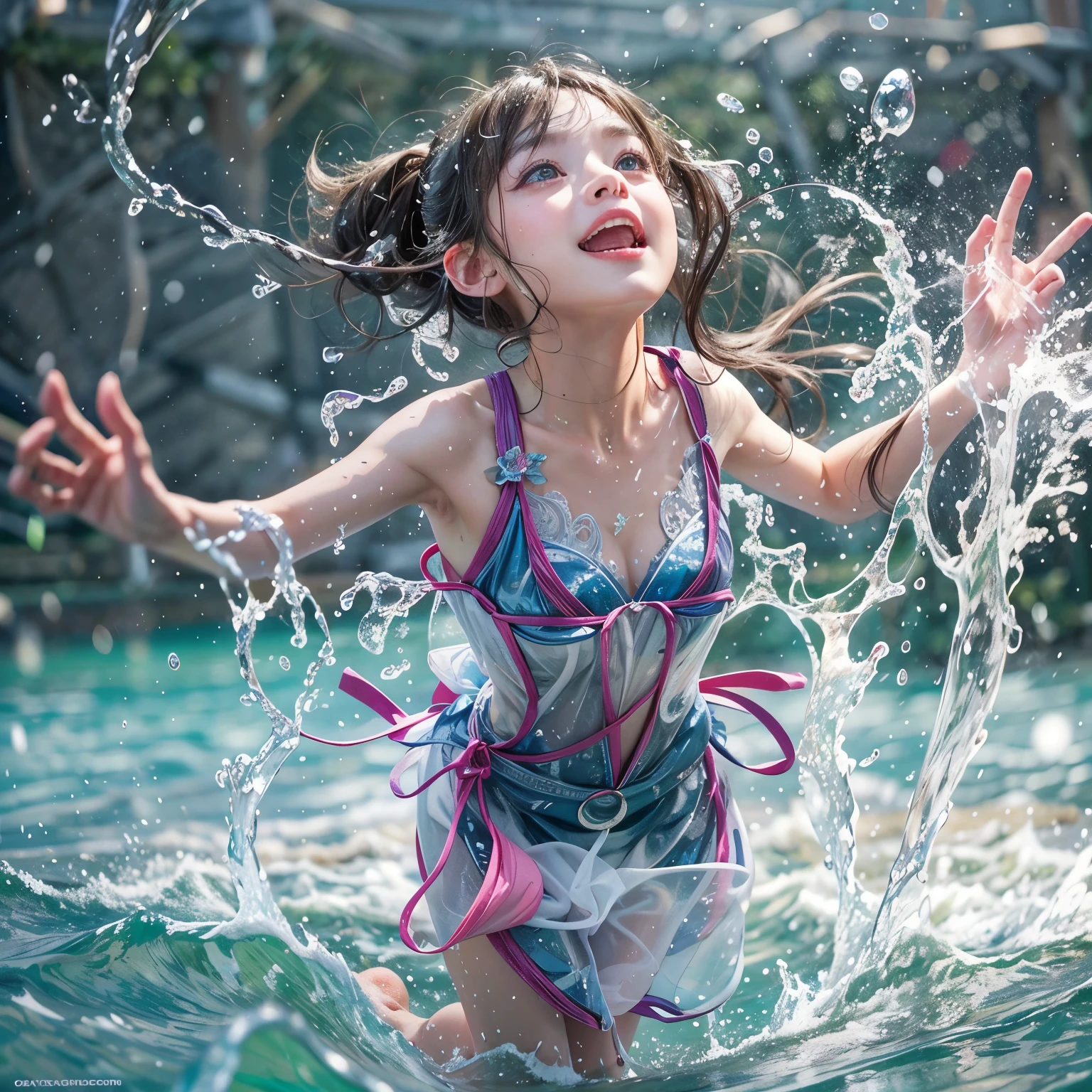 (8K TopQuality masterpiece: 1.2)(Realistic ProfessionalPhoto:1.37), VolumetricLighting. Tiny Girls, girl jumping into the water、Falling、splash water、shout、Luminous water surface、White and Bright colors, back lighting, Radiant PearlSkin, sparkling highlights, Detailed KAWAII face with cute lips, long eyelashes, Delicate clothes, Detailed open crotch, MotionBlur, Dynamic Joyful Expressions LifeLike Rendering, Full of Water Everything Wetted, (not Detailed hand:-1)