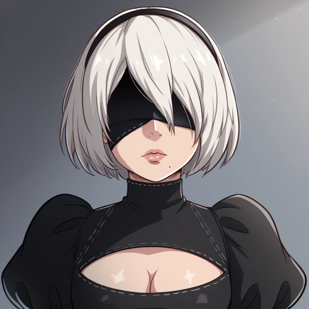 score_9, score_8_up, score_7_up, source_anime,
2b,
2b, yorha no. 2 type b, short hair, white hair, hairband, mole, black hairband, mole under mouth, blindfold, covered eyes, black blindfold, lips,
gloves, long sleeves, dress, puffy sleeves, black dress, clothing cutout, cleavage cutout, juliet sleeves, feather-trimmed sleeves, looking at viewer,
