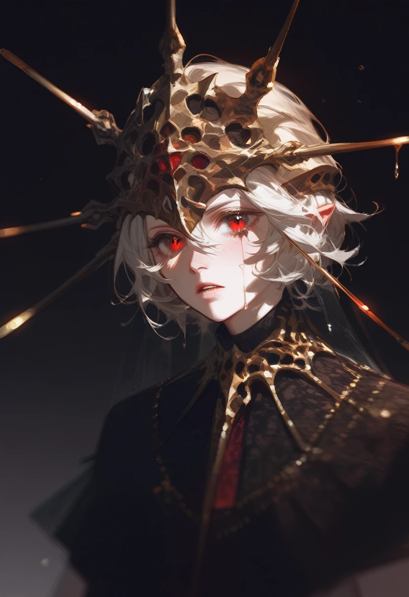 Glassy, empty red eyes, dripping gold, demon