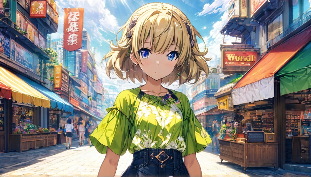 ((Anime Infinite Stratus Art, 8k, ultra full high definition, epic quality, epic texture)). the theme is exhibitionism.  The setting is a big shopping, Very detailed, it's summer, it's daytime, there are some shops, there are people passing by the scene.  The focus is a girl, her name is Sophia, 12 years old, Brazilian, very short stature, very messy blonde hair(short:1.9) with bangs(long:1.5), ice blue eyes, wonderful face, she has white skin, skinny body, narrow chest, round boobies, thin waist, very narrow hips, big and perky butt, she's wearing a short skirt and a very short low-cut(1.5) flowery shirt, she is very shy and lewd, she loves to show off, she is walking in the setting. The atmosphere is lively.