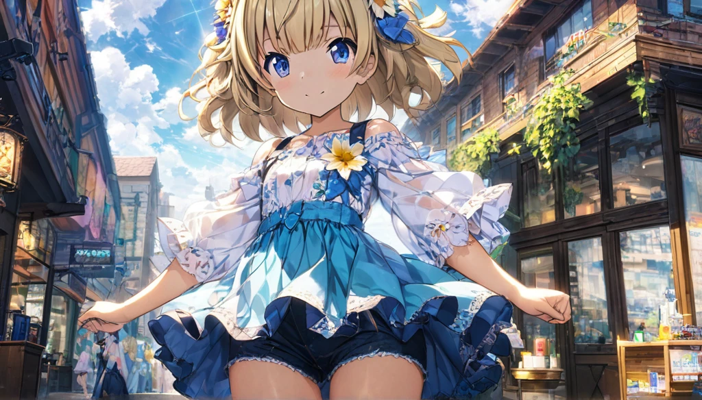 ((Anime Infinite Stratus Art, 8k, ultra full high definition, epic quality, epic texture)). the theme is exhibitionism. The setting is a big shopping, Very detailed, it's summer, it's daytime, there are some shops, there are people passing by the scene. The focus is a girl, her name is Sophia, , Brazilian, very short stature, very messy blonde hair(short:1.9) with bangs(long:1.5), ice blue eyes, wonderful face, she has white skin, skinny body, narrow chest, round boobies, thin waist, very narrow hips, big and perky butt, she's wearing a short skirt and a very short low-cut(1.5) flowery shirt, she is very shy and lewd, she loves to show off, she is walking in the setting. The atmosphere is lively.