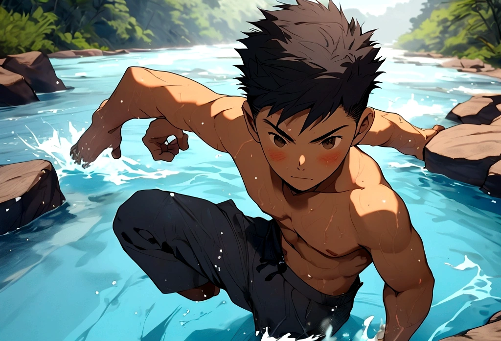 asian, boy, 15-year-old, background is river, playing river, topless, swim pants,