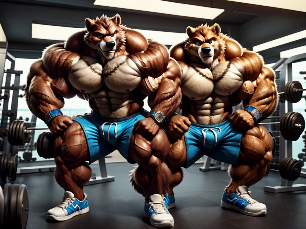 a huge muscular grizzly bear bodybuilder with extremely detailed fur, powerful muscles, black tank top, gym shorts, wristbands, gym shoes, working out in a well-equipped fitness gym with various gym equipment, official art, 4k, high quality, photorealistic, hyperrealistic, extremely detailed, intricate details, flawless anatomy, masterpiece, by Takemoto Arashi, by null-ghost