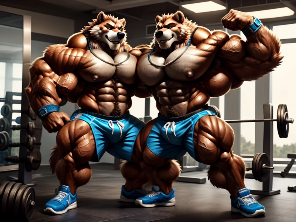 a huge muscular grizzly bear bodybuilder with extremely detailed fur, powerful muscles, black tank top, gym shorts, wristbands, gym shoes, working out in a well-equipped fitness gym with various gym equipment, official art, 4k, high quality, photorealistic, hyperrealistic, extremely detailed, intricate details, flawless anatomy, masterpiece, by Takemoto Arashi, by null-ghost