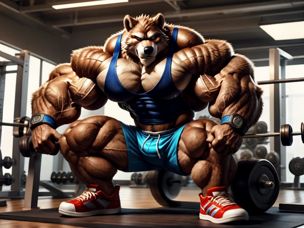 a huge muscular grizzly bear bodybuilder with extremely detailed fur, powerful muscles, black tank top, gym shorts, wristbands, gym shoes, working out in a well-equipped fitness gym with various gym equipment, official art, 4k, high quality, photorealistic, hyperrealistic, extremely detailed, intricate details, flawless anatomy, masterpiece, by Takemoto Arashi, by null-ghost