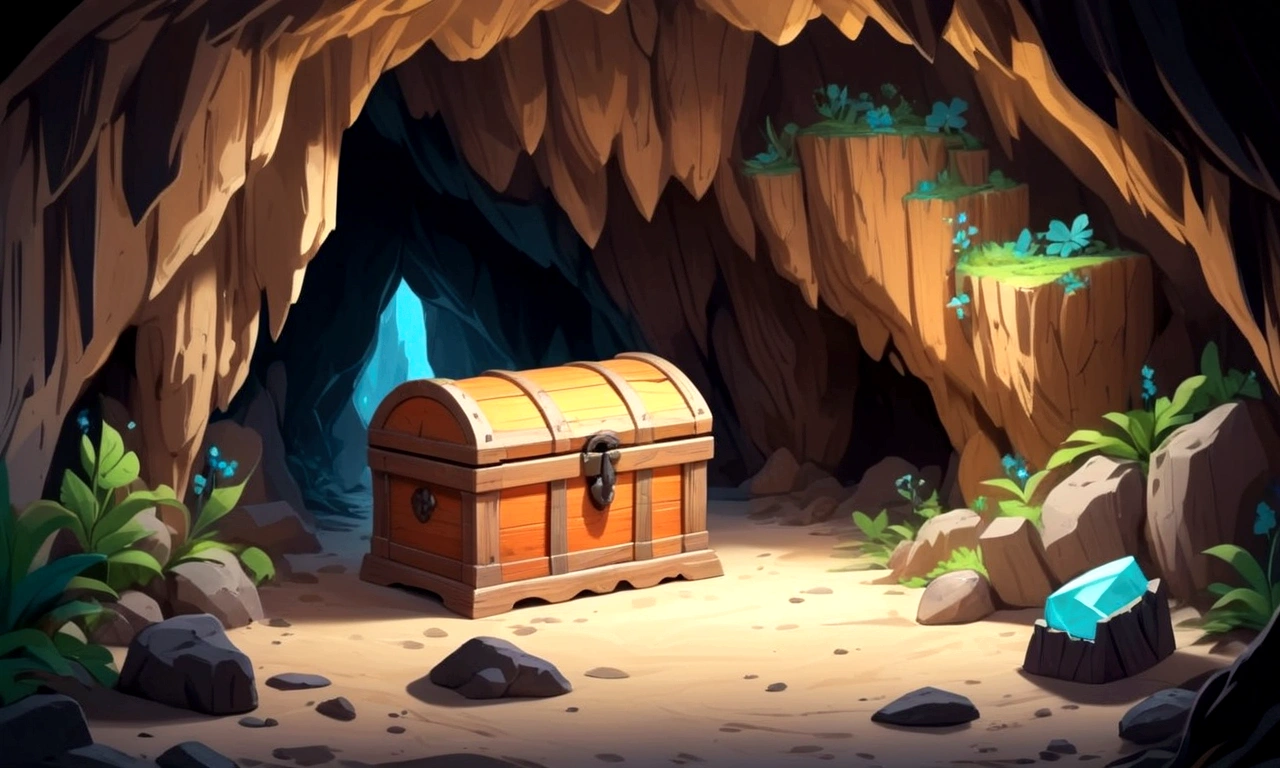 Inside the cave she sees a wooden chest.