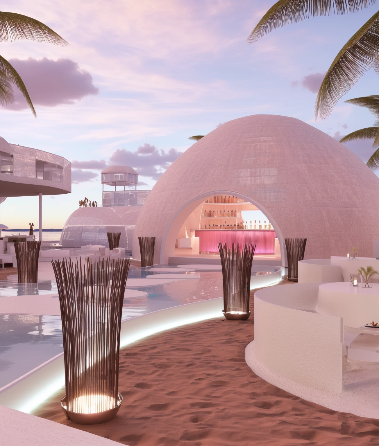 （masterpiece, best quality, high quality, Extremely detailed CG Unity 8K wallpaper, Realistic photos, Depth of Field）, There is a white building，There is a swimming pool and a bar in the middle, beach bar, Ibiza dance inspiration, futuristic marrakech, In a futuristic desert palace, seashell house, Futuristic Dome, a Digital Renderinging, In the seaside environment, futuristic marrakech morocco, Detailed scenario, V-Ray, V-Ray, Digital Renderinging, Digital Rendering, Futuristic Background