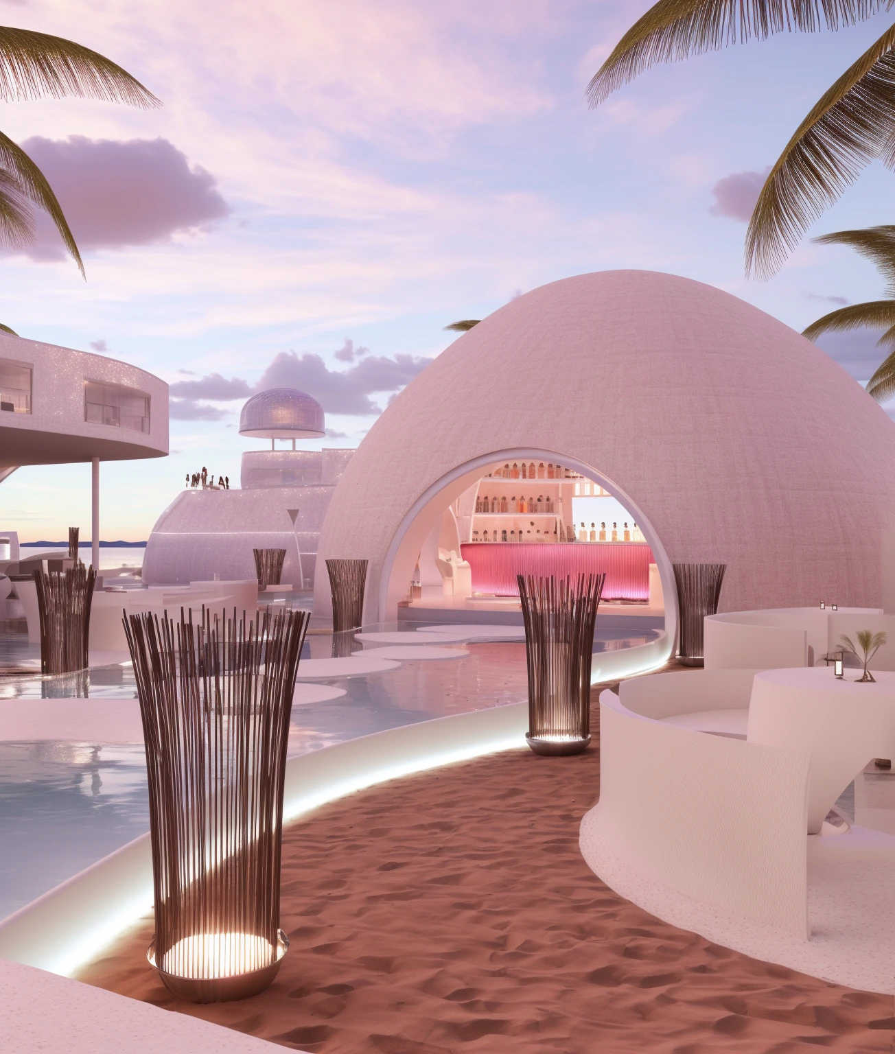 （masterpiece, best quality, high quality, Extremely detailed CG Unity 8K wallpaper, Realistic photos, Depth of Field）, There is a white building，There is a swimming pool and a bar in the middle, beach bar, Ibiza dance inspiration, futuristic marrakech, In a futuristic desert palace, seashell house, Futuristic Dome, a Digital Renderinging, In the seaside environment, futuristic marrakech morocco, Detailed scenario, V-Ray, V-Ray, Digital Renderinging, Digital Rendering, Futuristic Background