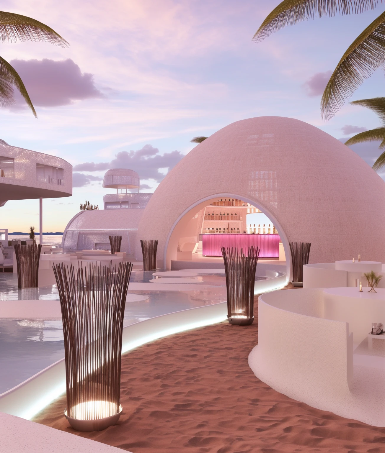 （masterpiece, best quality, high quality, Extremely detailed CG Unity 8K wallpaper, Realistic photos, Depth of Field）, There is a white building，There is a swimming pool and a bar in the middle, beach bar, Ibiza dance inspiration, futuristic marrakech, In a futuristic desert palace, seashell house, Futuristic Dome, a Digital Renderinging, In the seaside environment, futuristic marrakech morocco, Detailed scenario, V-Ray, V-Ray, Digital Renderinging, Digital Rendering, Futuristic Background