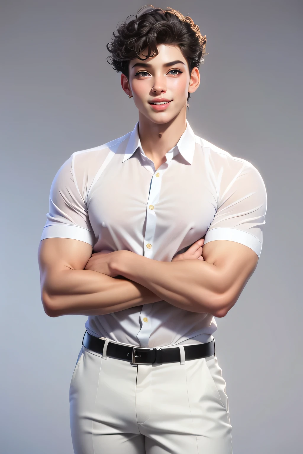 1 man (25yo) , , sexy pose, handsome face, , curly hairstyle, , seductive smile, white shirt, short pants, gray background