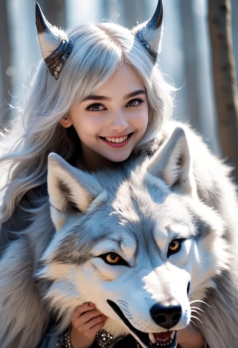 Beautiful 8K Ultra HD professional photos, Sharp focus, In a stunning fantasy world, A cute silver-haired girl,There are real demon horns and a mysterious 1 giant wolf, A joyful smile, In bright natural light