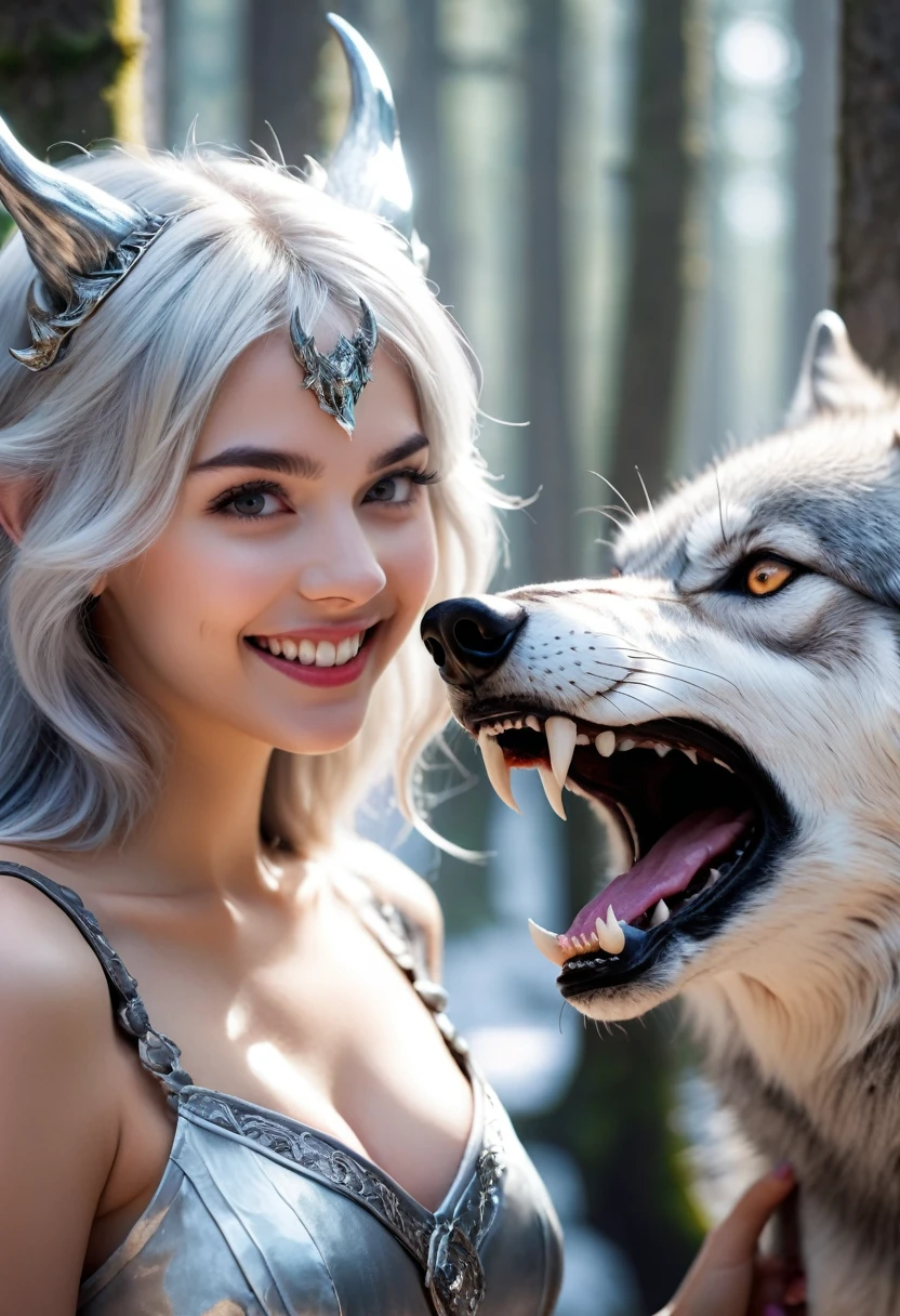 Beautiful 8K Ultra HD professional photos, Sharp focus, In a stunning fantasy world, A cute silver-haired girl，There are real demon horns and a mysterious 1 giant wolf, A joyful smile, In bright natural light